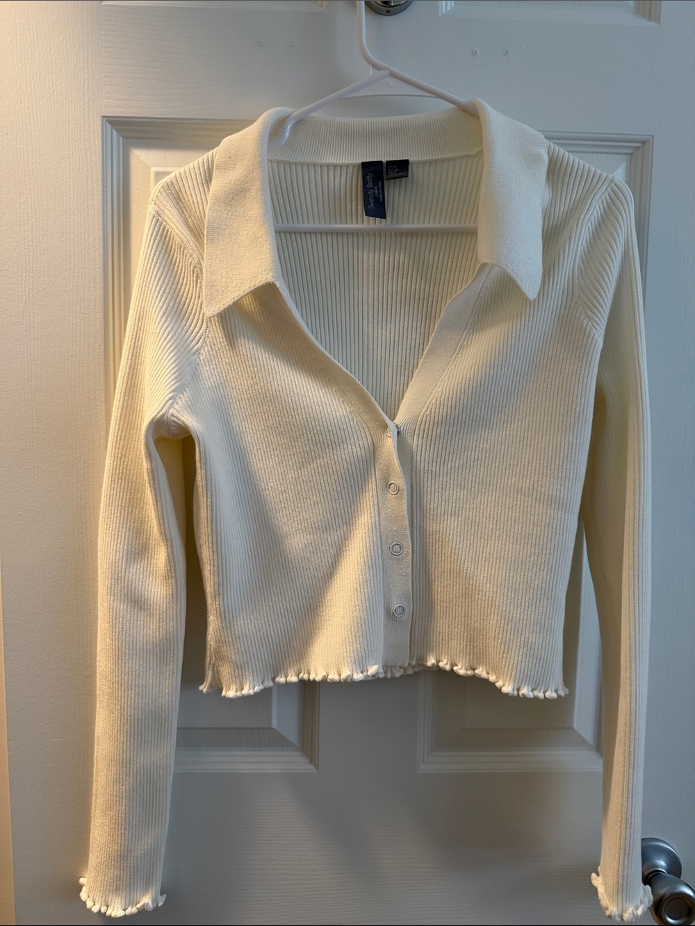 Sweaty Betty Cream Ribbed Collared Button-Front Top